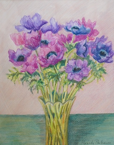 Miranda Phillimore, set of three watercolours, Still lifes of flowers including ‘anemones’ and ‘peonies’, each signed, At The Mall Exhibition Galleries labels verso, 38 x 31cm. Condition - good